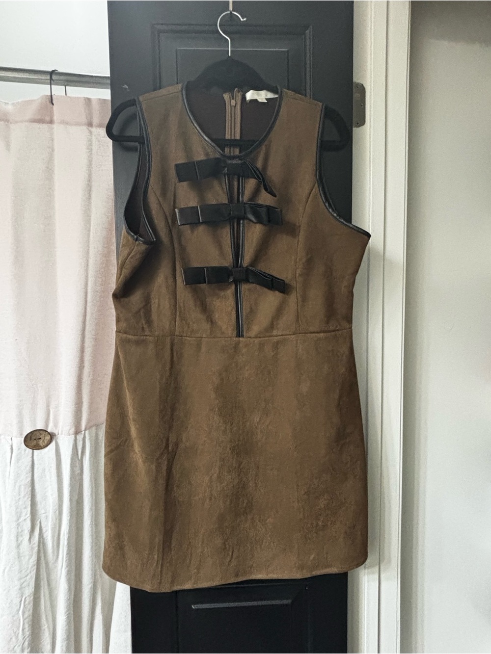 Faux-Suede Brown Mini Dress with Bow Front Detail